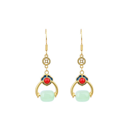 925 Silver Needle Xiangyun Lutong Earrings with Transfer Beads and Imitation Jade