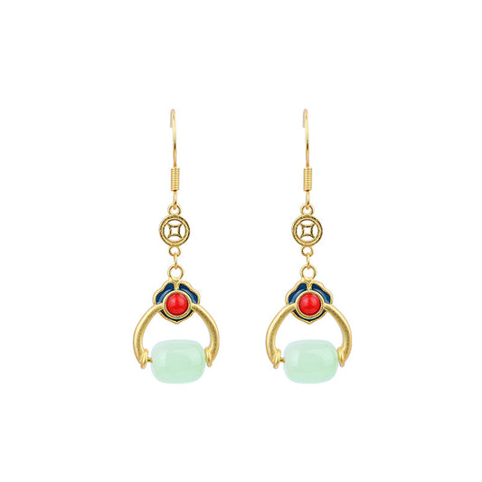 925 Silver Needle Xiangyun Lutong Earrings with Transfer Beads and Imitation Jade
