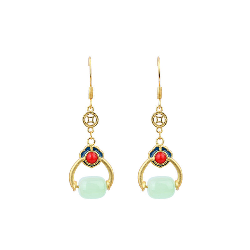 925 Silver Needle Xiangyun Lutong Earrings with Transfer Beads and Imitation Jade