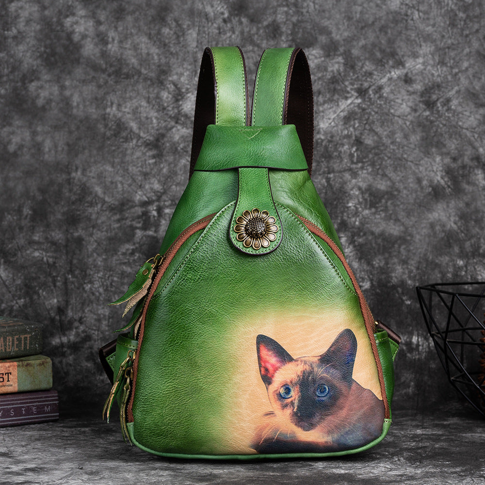 Vintage First Layer Cowhide Multi-Purpose Leather Backpack with Color Printing and Hand-Wiped Vegetable Tanning