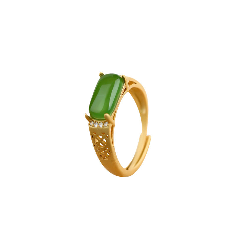 Gold Plated Imitation Hetian Jasper Hollow Saddle Ring for Women - Fashion Trendy