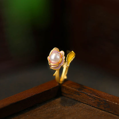 French Vintage Niche Pink Rose Oil Drop Ring with Crystal Pearl for Women