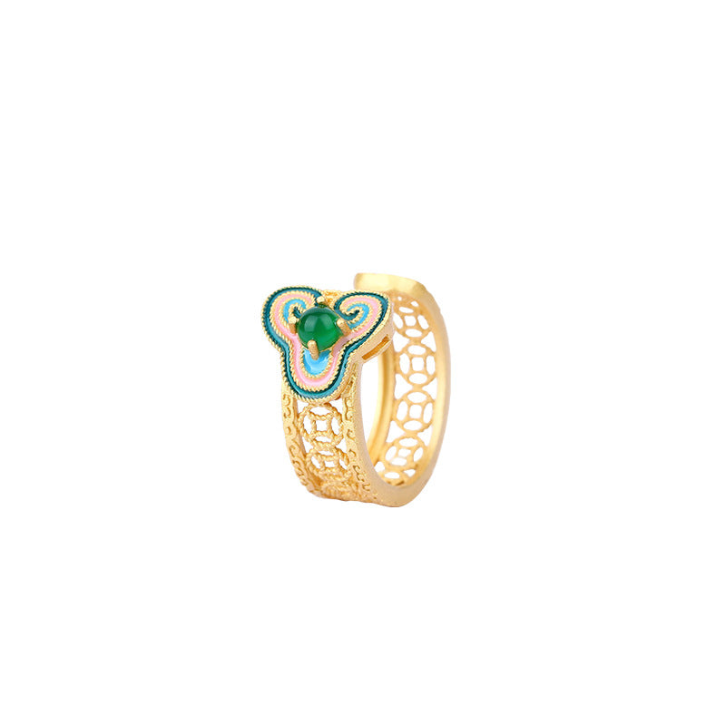 Retro Gold Plated Enamel Hollow Xiangyun Imitation Hetian Jade Ring for Cheongsam Hanfu