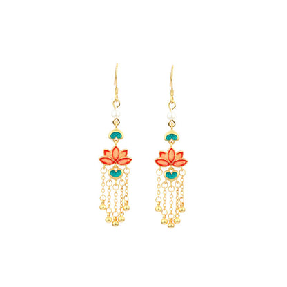Enamel Cloisonne Good Luck Beads Pearl Antique Tassel Earrings for Women