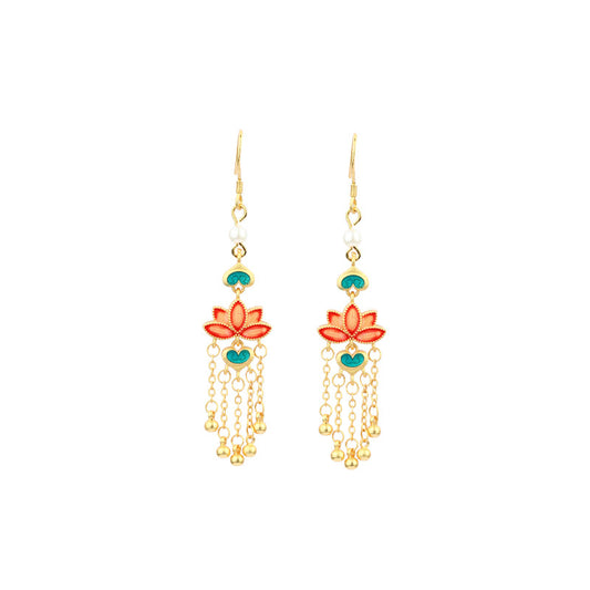 Enamel Cloisonne Good Luck Beads Pearl Antique Tassel Earrings for Women