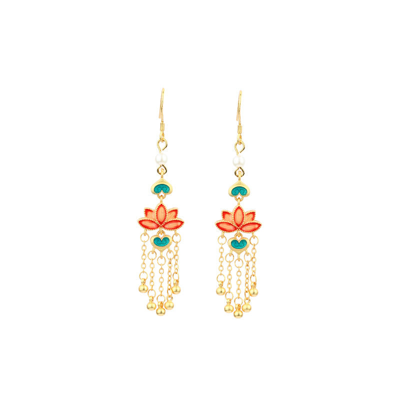 Enamel Cloisonne Good Luck Beads Pearl Antique Tassel Earrings for Women