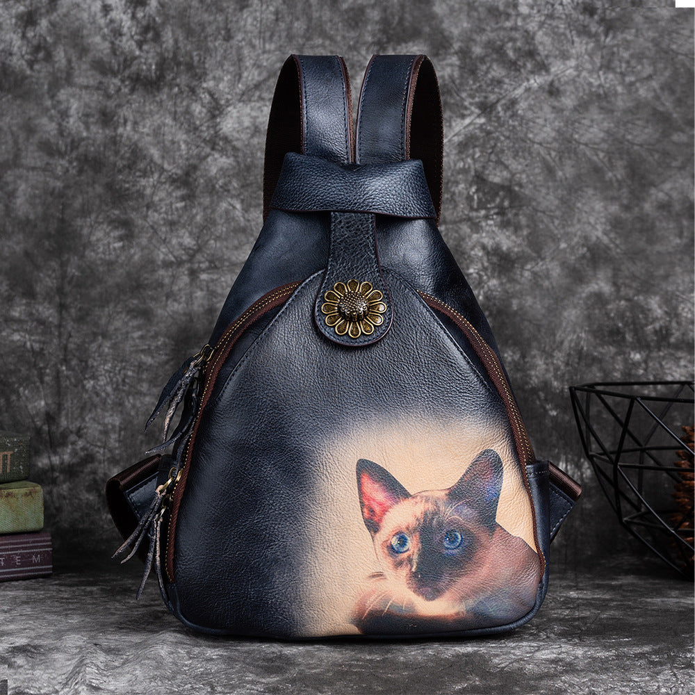 Vintage First Layer Cowhide Multi-Purpose Leather Backpack with Color Printing and Hand-Wiped Vegetable Tanning