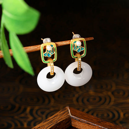 New Enamel Ping An Buckle 925 Silver Gold-plated Imitation Hetian Jade Earrings, Cheongsam Accessories