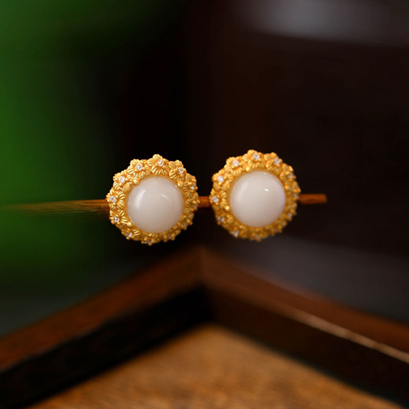 925 Silver Sweet Flower Imitation Jade Earrings