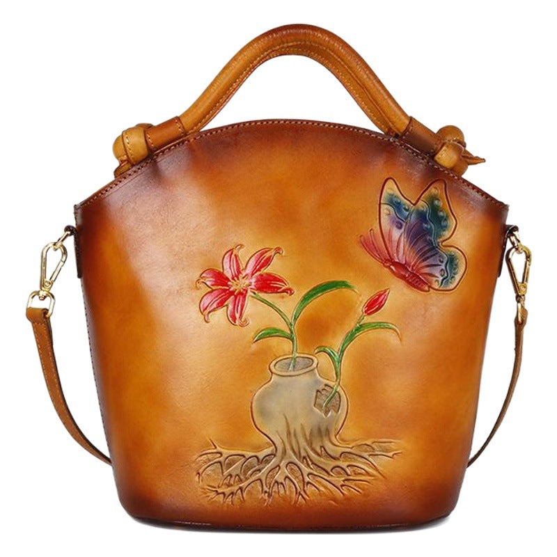 Vintage Embossed One-Shoulder Diagonal Portable Bucket Bag in Top Layer Cowhide