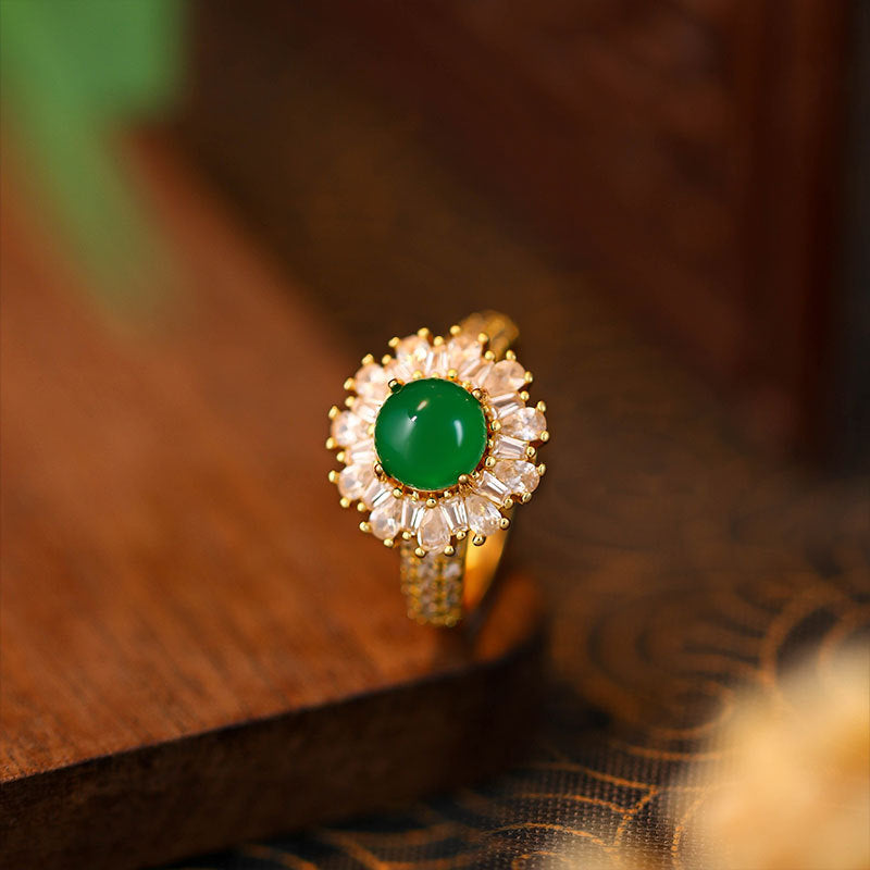 Retro Imitation Hetian Jade Jasper Ice Spinach Green Ring for Women