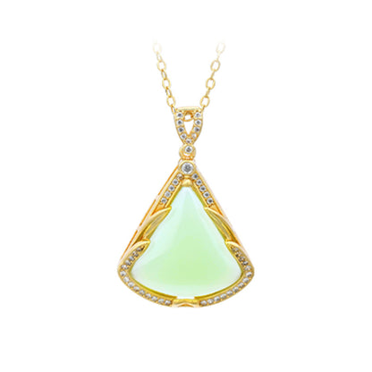 Imitation Hetian Jade Small Skirt Necklace with Gold Plated Inlay Fan Pendant