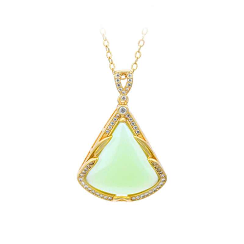 Imitation Hetian Jade Small Skirt Necklace with Gold Plated Inlay Fan Pendant