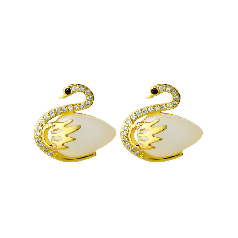 Elliform 925 Silver Needle Gold-plated Imitation Hetian Jade Swan Earrings