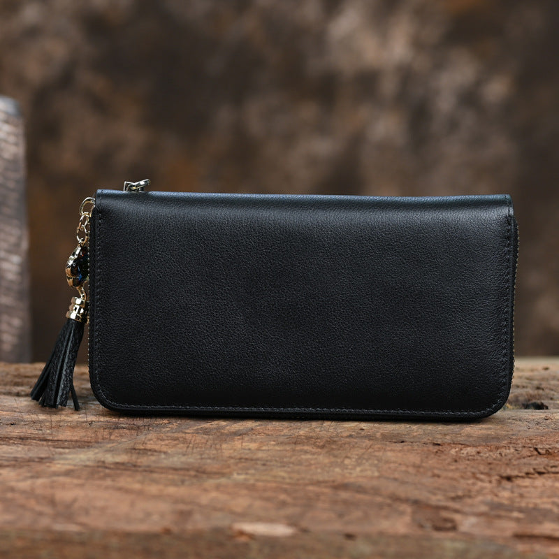 Vintage Cowhide Long Women's Clutch Bag, Multi Card Embossed Leather Zipper Bag