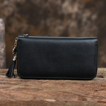 Vintage Cowhide Long Women's Clutch Bag, Multi Card Embossed Leather Zipper Bag