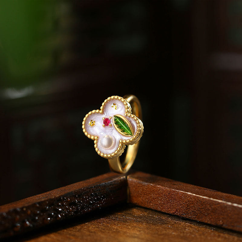 National Tide Enamel Four-leaf Clover Ring with Original Design