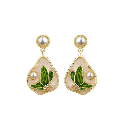 Enamel Monet Garden Oil Painting Imitation Pearl Earrings