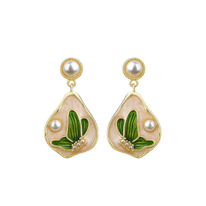 Enamel Monet Garden Oil Painting Imitation Pearl Earrings