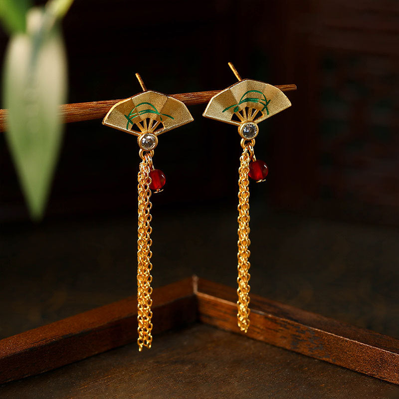Antique Fan Tassel Ear Stud Earrings, Handmade Palace Ethnic Style