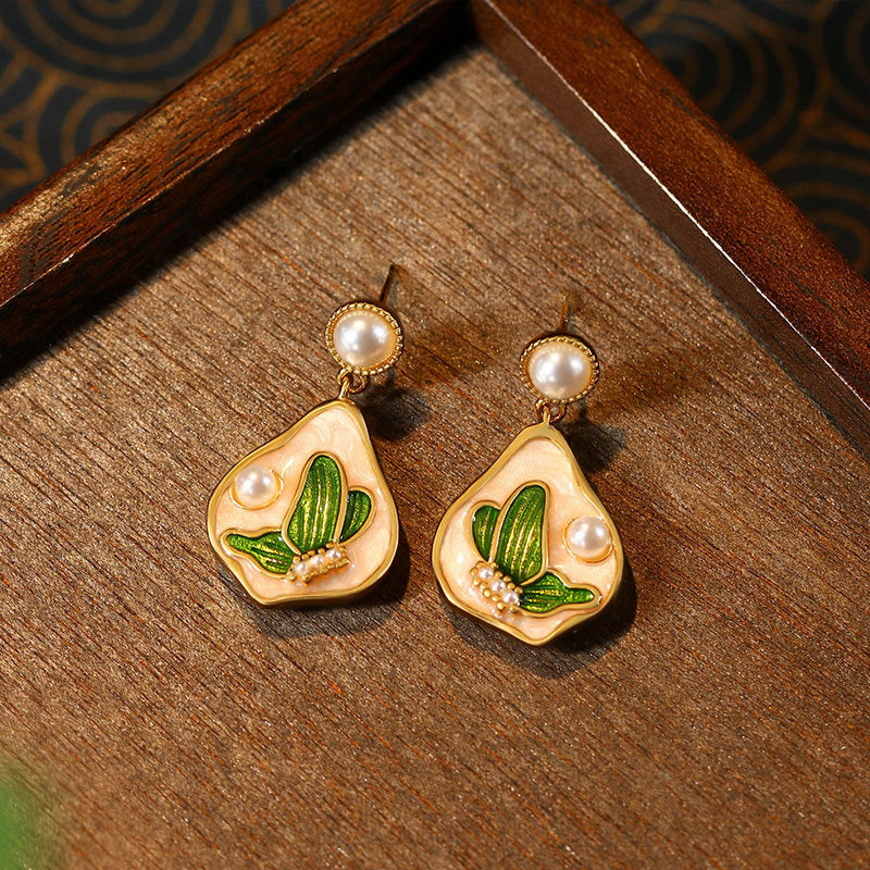 Enamel Monet Garden Oil Painting Imitation Pearl Earrings