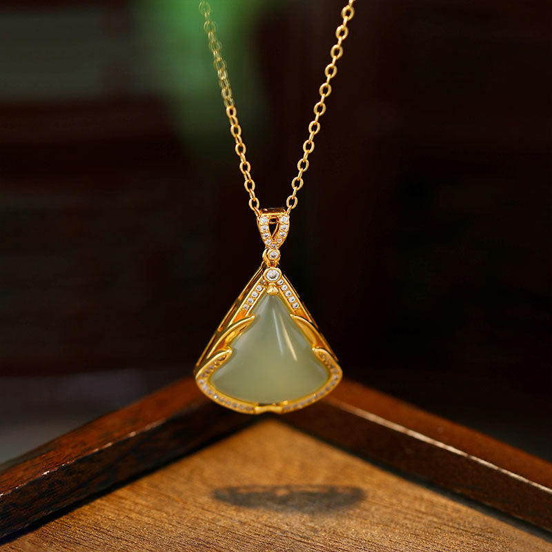 Imitation Hetian Jade Small Skirt Necklace with Gold Plated Inlay Fan Pendant
