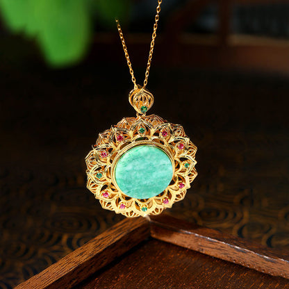 Gold Plated A Dry Green Imitation Jade Diamond Sunflower Round Brand Necklace