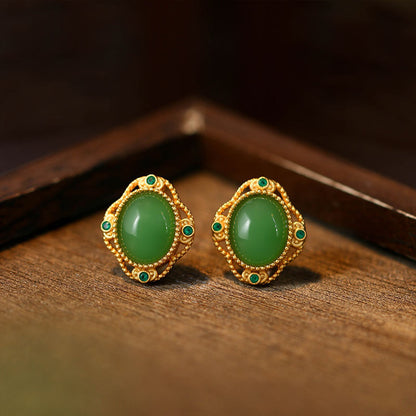 925 Silver Needle Imitation Jasper Earrings, Simple Round Retro for Women