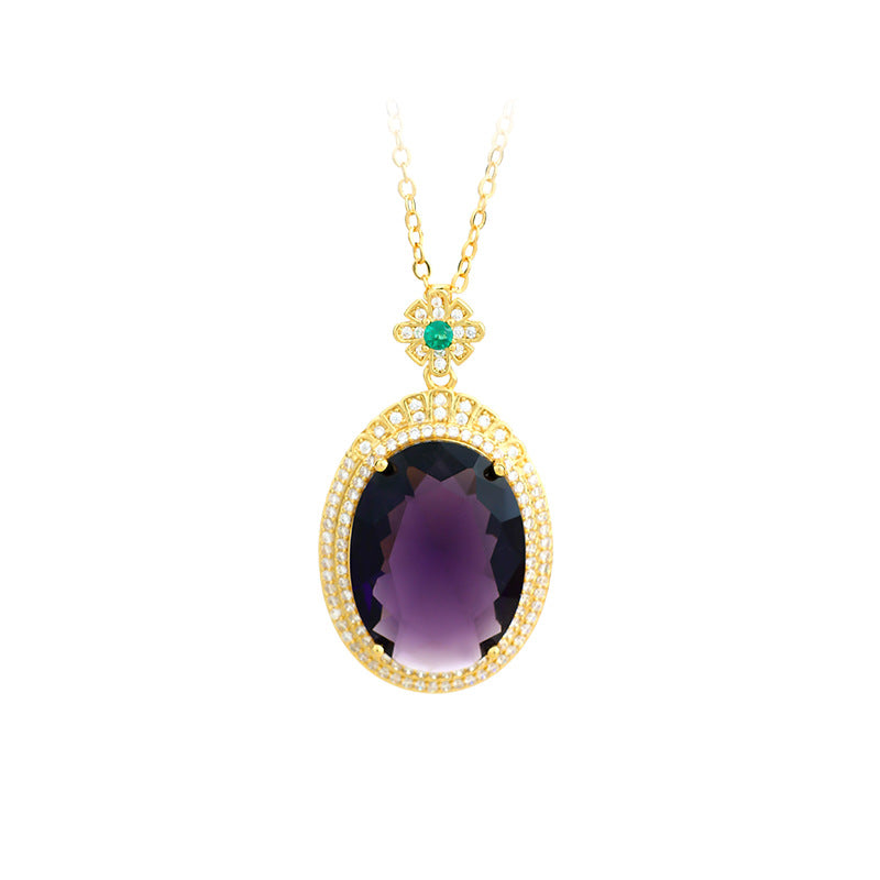 Retro Full Diamond Violet Gem Inlaid Oval Pendant Necklace