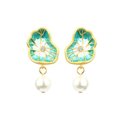 925 Silver Needle Earrings with Colorful Enamel, Faux Shellfish Pearl and Lotus Leaf Design for Women