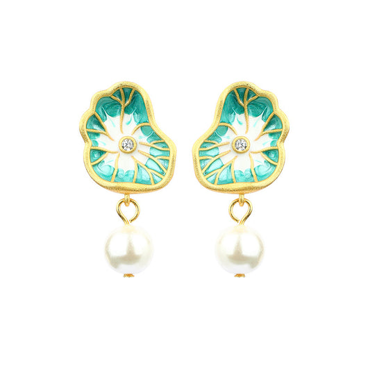 925 Silver Needle Earrings with Colorful Enamel, Faux Shellfish Pearl and Lotus Leaf Design for Women