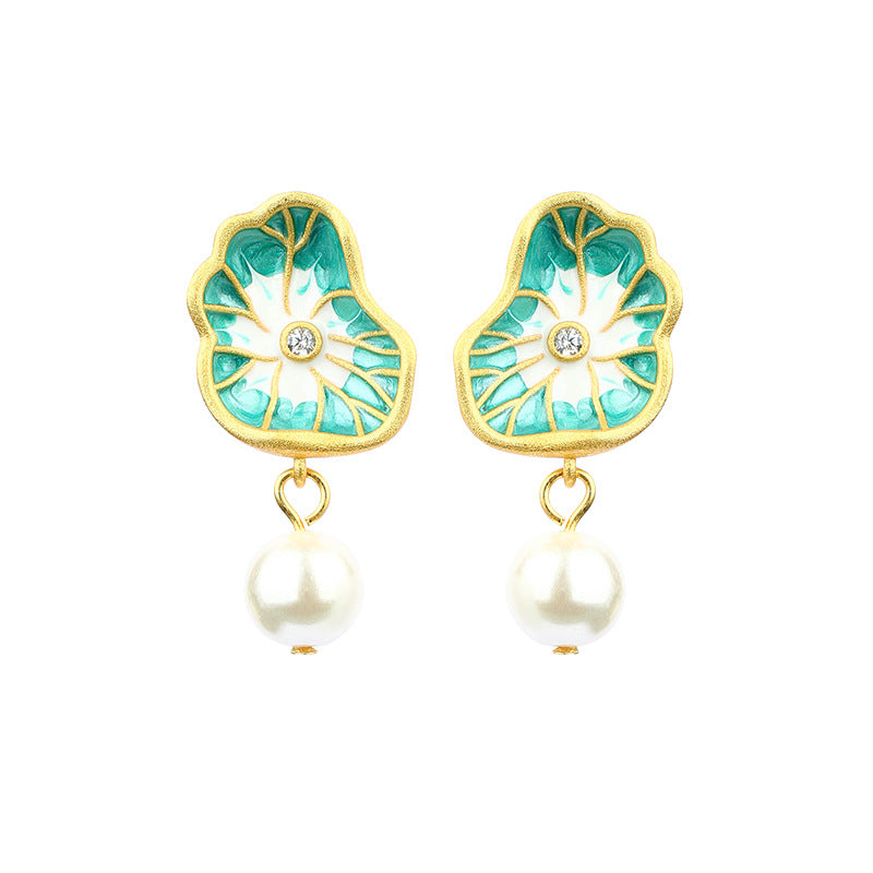 925 Silver Needle Earrings with Colorful Enamel, Faux Shellfish Pearl and Lotus Leaf Design for Women