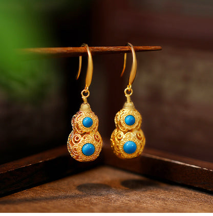 Gold Plated Gourd Fulu Imitation Pine Stone Vintage Earrings