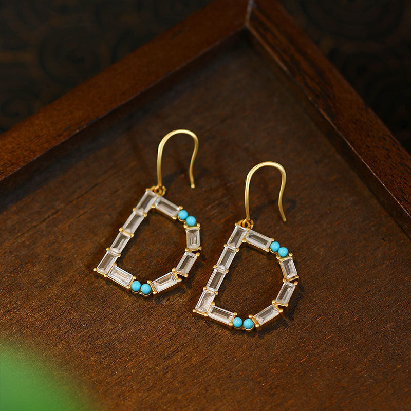 Copper Set Artificial Turquoise Zircon D English Letter Earrings T Square Women's Accessories