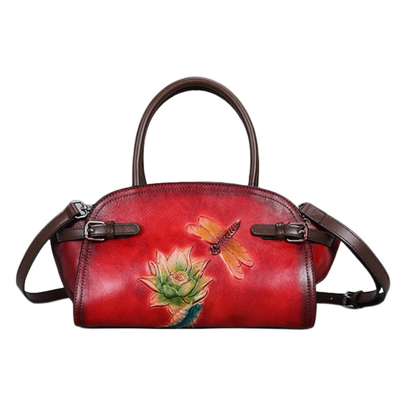 Retro Genuine Leather Women's Crossbody Bag with Embossed Butterfly Love Flower Tree Design
