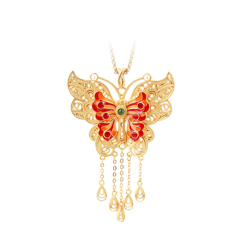 Real Gold Electroplated Ancient Method Sands Gold Filament Tassel Butterfly Vintage Tassel Necklace