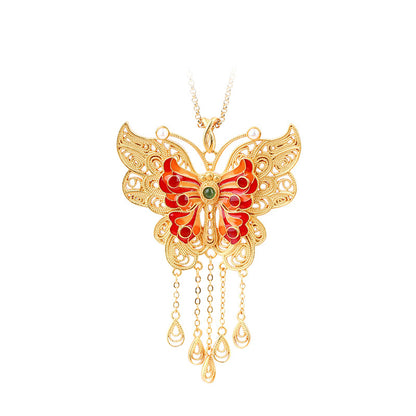 Real Gold Electroplated Ancient Method Sands Gold Filament Tassel Butterfly Vintage Tassel Necklace