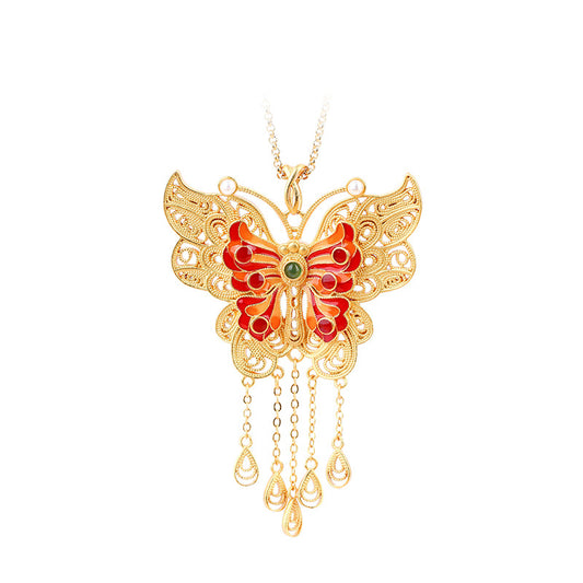 Real Gold Electroplated Ancient Method Sands Gold Filament Tassel Butterfly Vintage Tassel Necklace