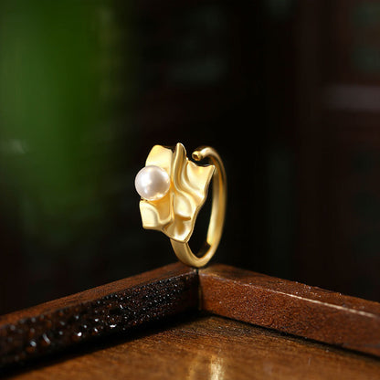 Exaggerated Metal Fold Style Pearl Open Ring for Women, Sweet and Cool