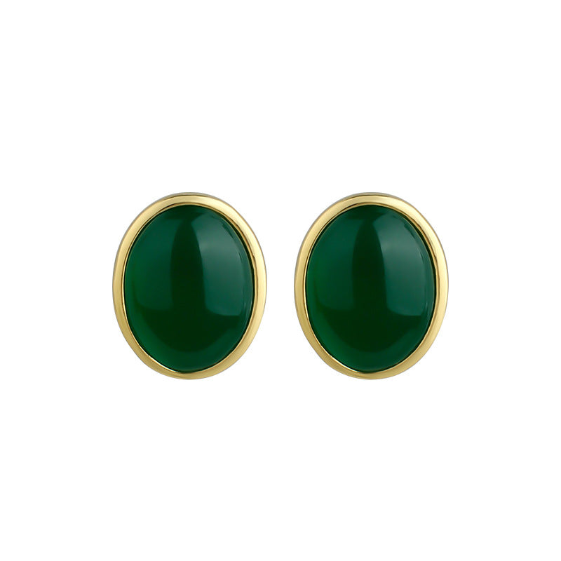 Ayr Rim 925 Silver Imitation Green Agate Needle Earrings, Japanese-Korean Style