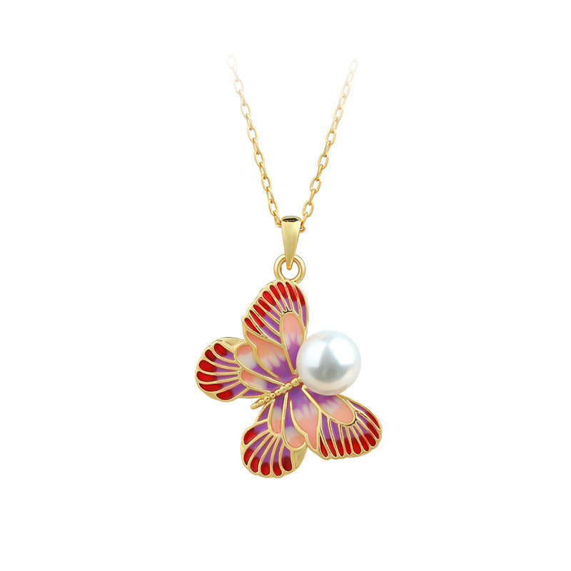Cold Enamel Craft Butterfly Pearl Collarbone Necklace