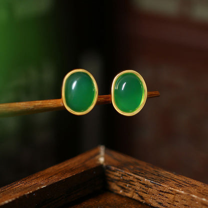 925 Silver Gold-Plated Oval Earrings Inlaid with Natural Green Chalcedony, Simple Fashion