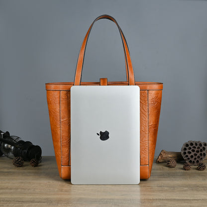 Vintage Cowhide Tote Bag, Large Capacity, Vegetable Tanned Leather, Embossed, Hand-polished