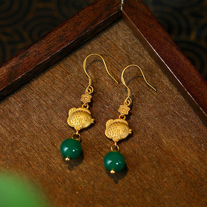 Retro Ethnic Style Fish Elegant Green Chalcedony Round Bead Jewelry Tassel Long Earrings
