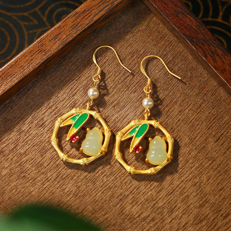 925 Silver Needle Gold Plated Cold Enamel Bamboo & Gourd Ancient Style Earrings