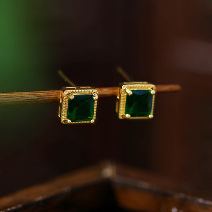 French 925 Silver Emerald Ear Studs for Women