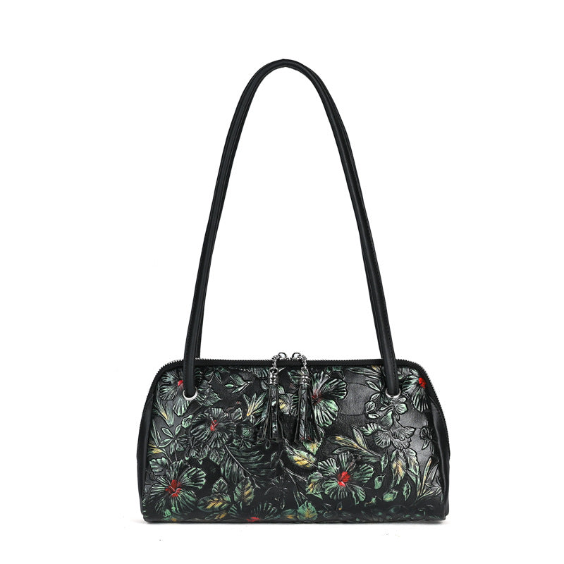 Retro Genuine Leather Underarm Baotou Cowhide Handmade Color-polished Handbag with Embossed Floral Design