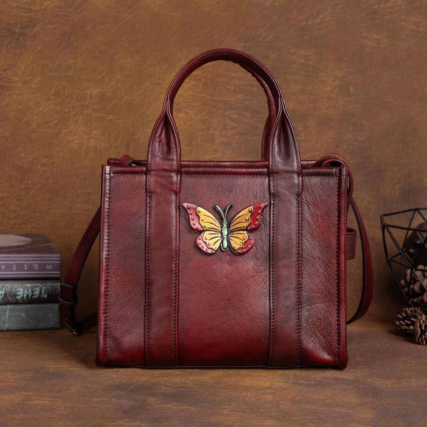 Top layer cowhide multi-purpose retro embossed hand-brushed vegetable tanned leather shoulder bag
