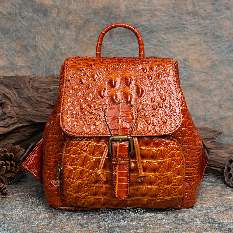 Top Layer Cowhide Crocodile Pattern Embossed Leather Backpack