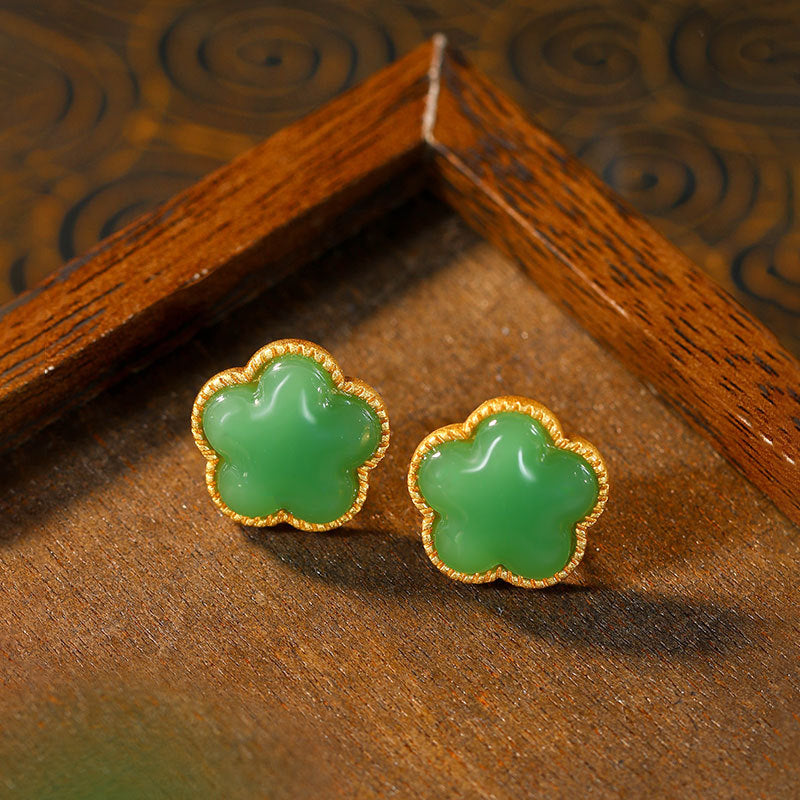 925 Silver Needle Imitation Jade Plum Blossom Earrings